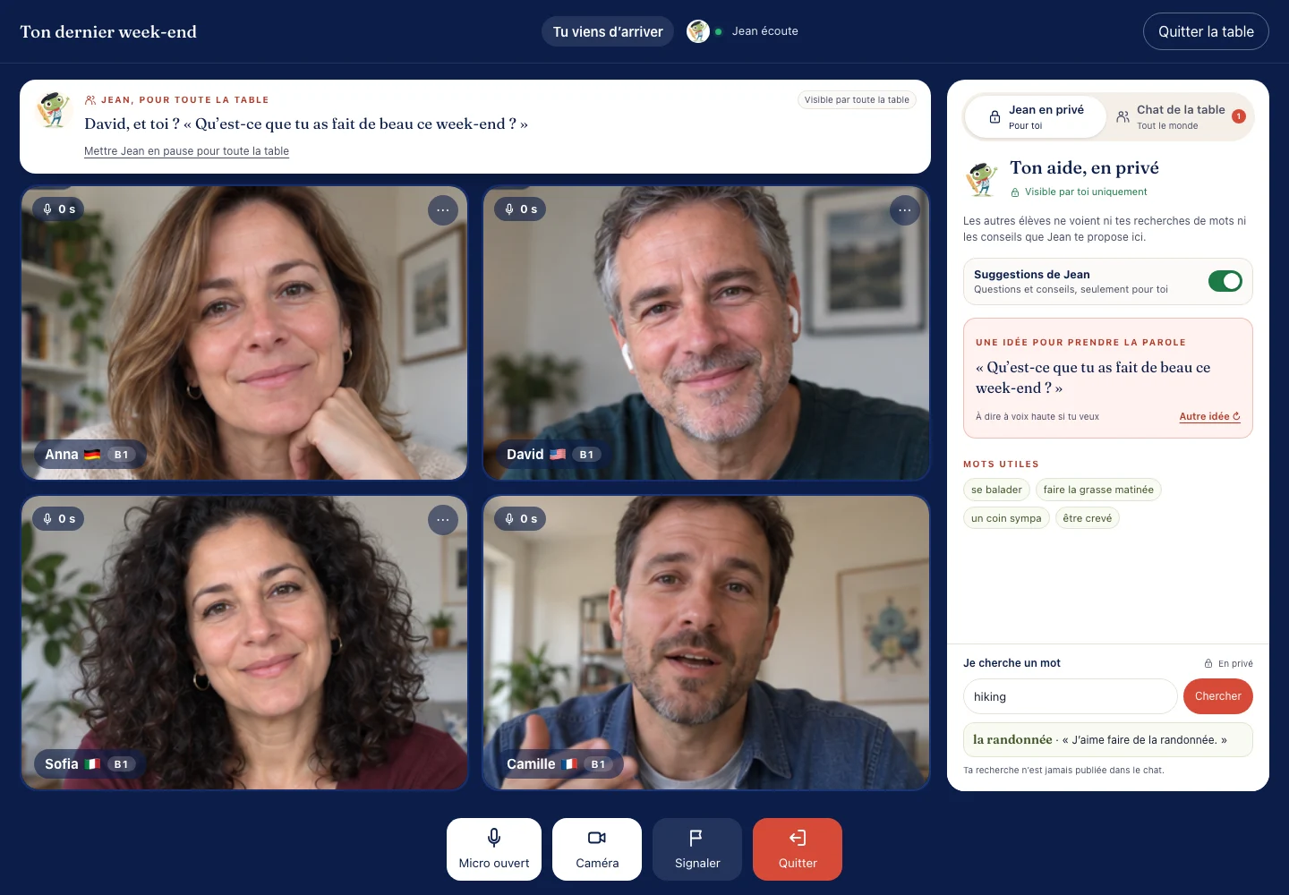 Beispiel eines Gesprächstisches von 360 French Immersion: vier Lernende im Video, darüber die Nachrichten von Jean an den ganzen Tisch und rechts die private Hilfe von Jean.